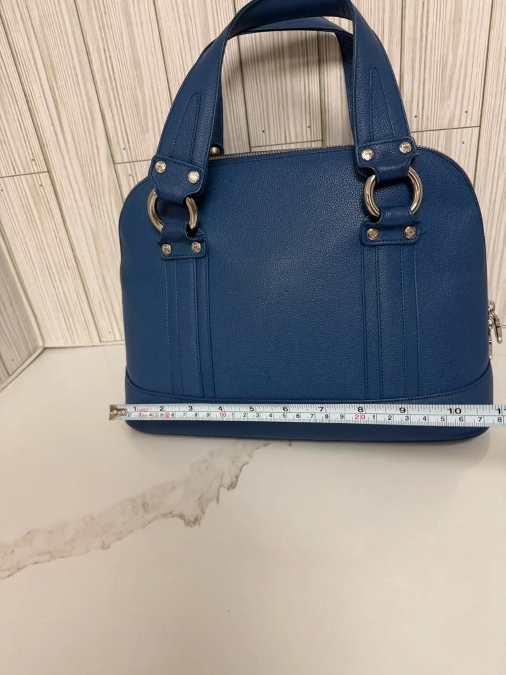 MCM Blue Leather Satchel Bag Gold Hardware Structured Top Handle Purse Dome Bag